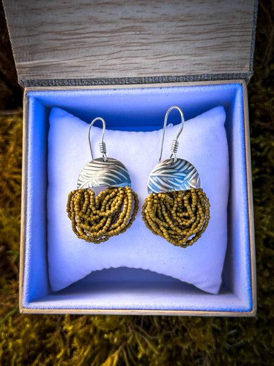 Rainforest Fern Tassel - Olive Beaded Earrings