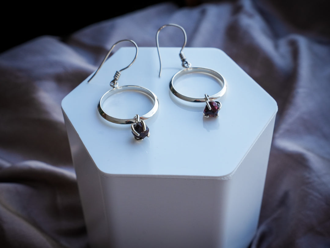 Alaskan Raw Garnet Sterling Silver Hoop Earrings
