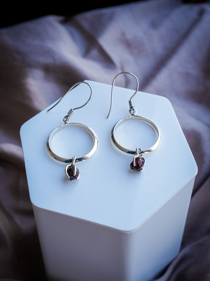 Alaskan Raw Garnet Sterling Silver Hoop Earrings