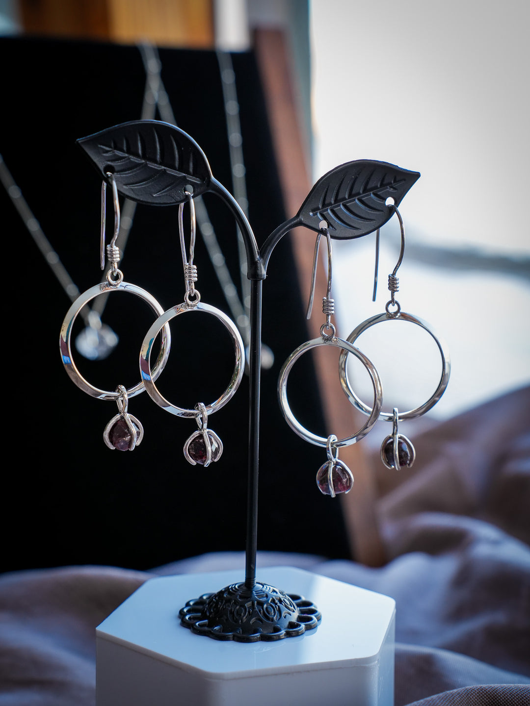 Alaskan Raw Garnet Sterling Silver Hoop Earrings