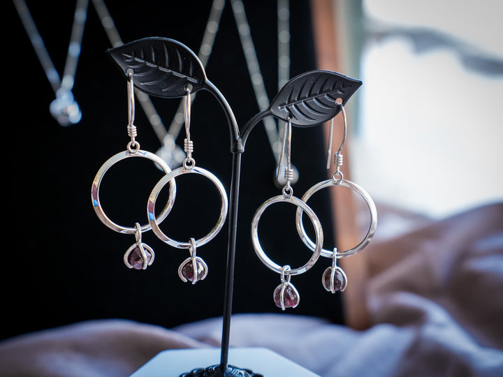 Alaskan Raw Garnet Sterling Silver Hoop Earrings