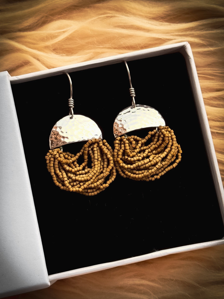 Rainforest Fern Tassel - Olive Beaded Earrings