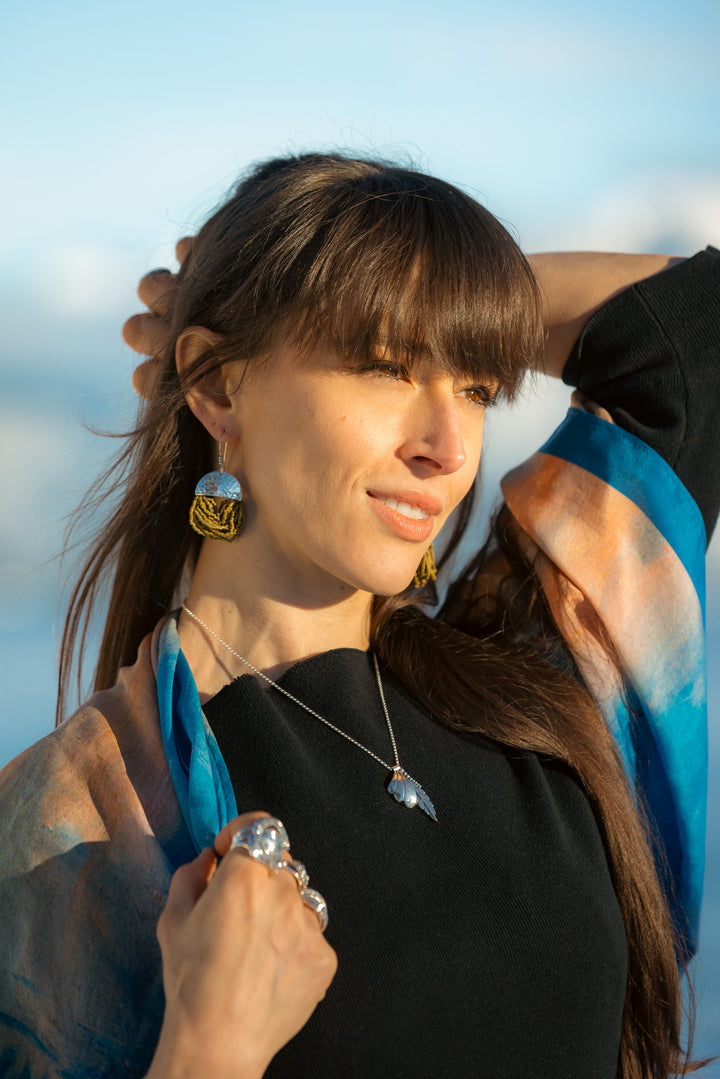 Rainforest Fern Tassel - Olive Beaded Earrings