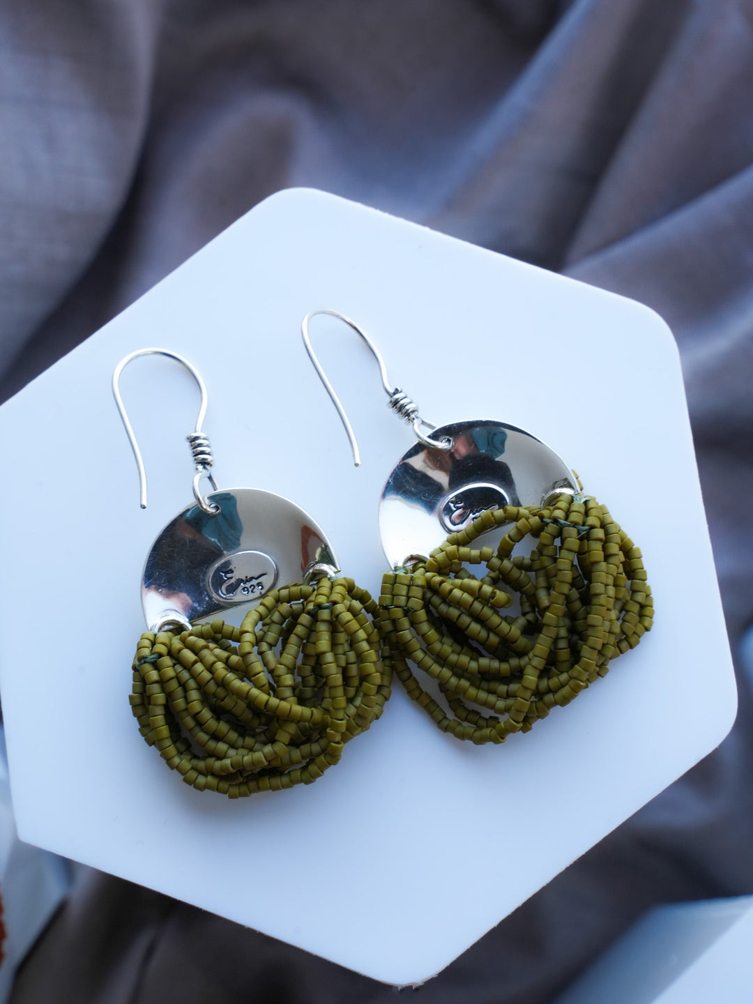 Rainforest Fern Tassel - Olive Beaded Earrings
