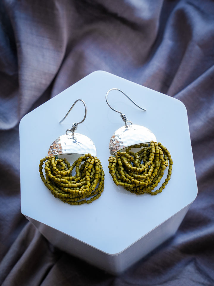 Rainforest Fern Tassel - Olive Beaded Earrings
