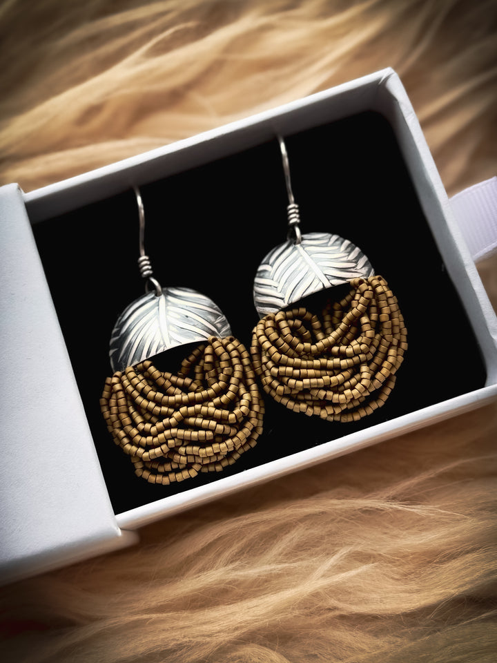 Rainforest Fern Tassel - Olive Beaded Earrings