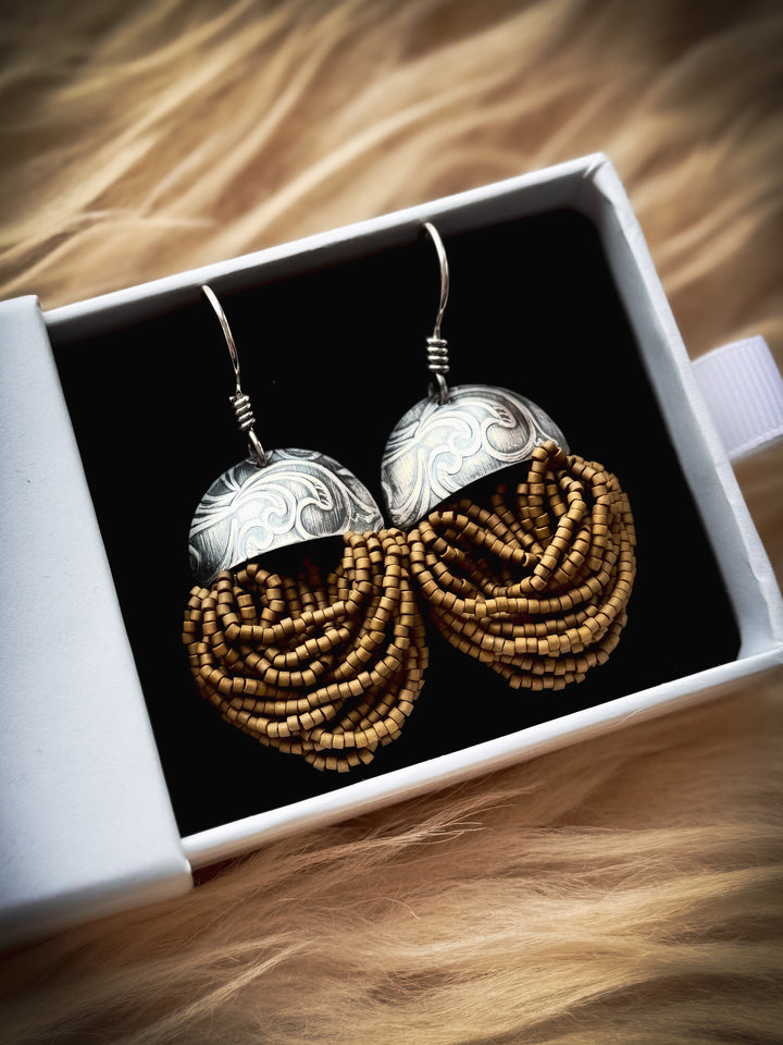 Rainforest Fern Tassel - Olive Beaded Earrings