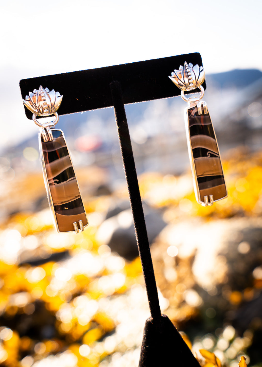 Fryite Jasper Lotus Post Long Drop Earrings