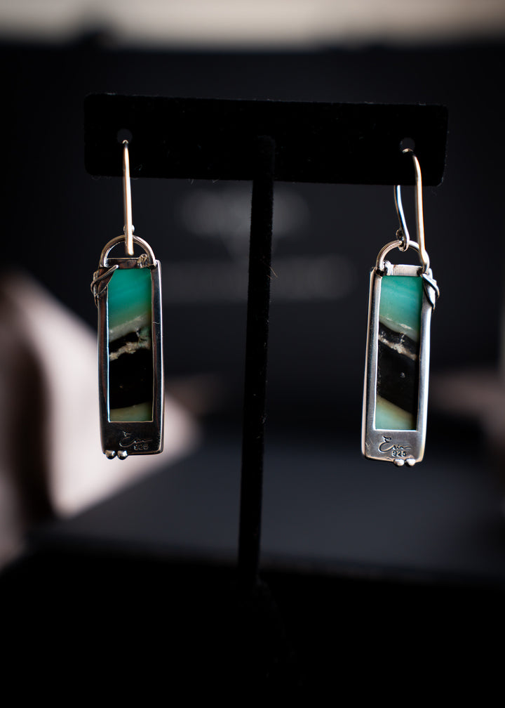 Long Opalwood Bar Earrings with Silver Leaf