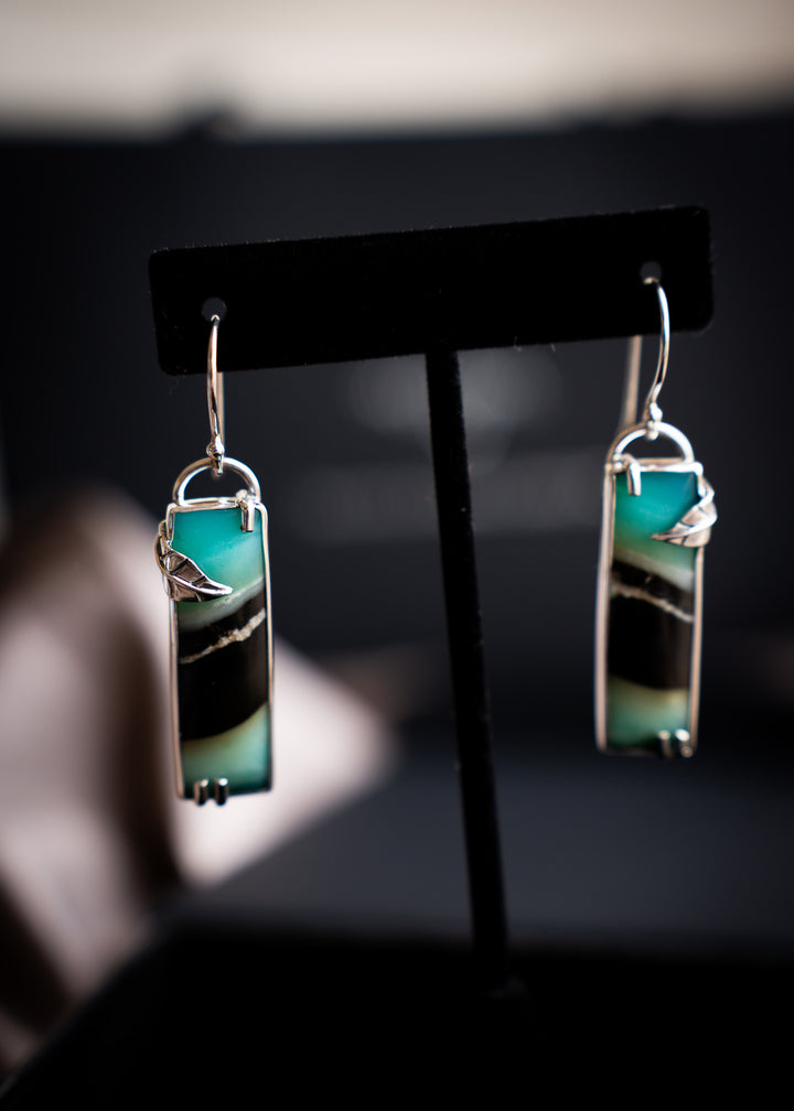 Long Opalwood Bar Earrings with Silver Leaf