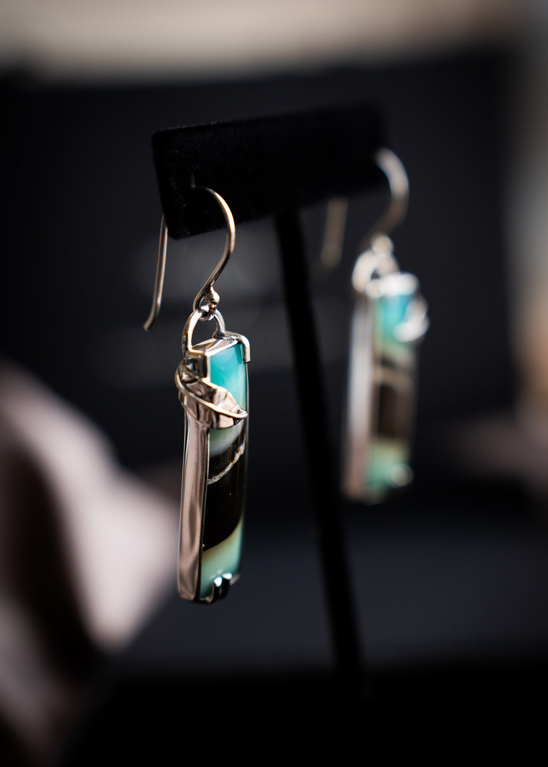 Long Opalwood Bar Earrings with Silver Leaf