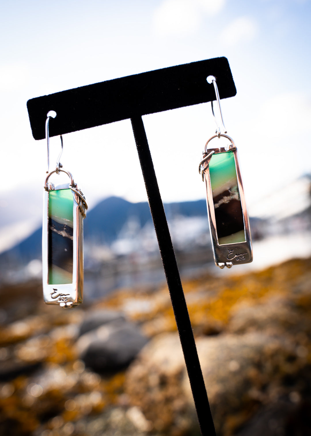 Long Opalwood Bar Earrings with Silver Leaf