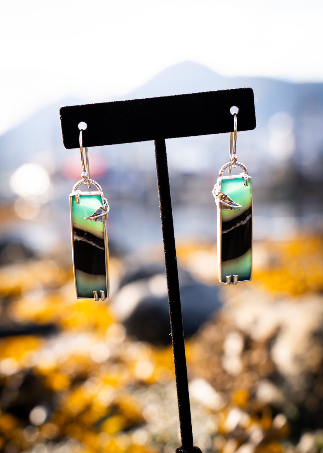 Long Opalwood Bar Earrings with Silver Leaf