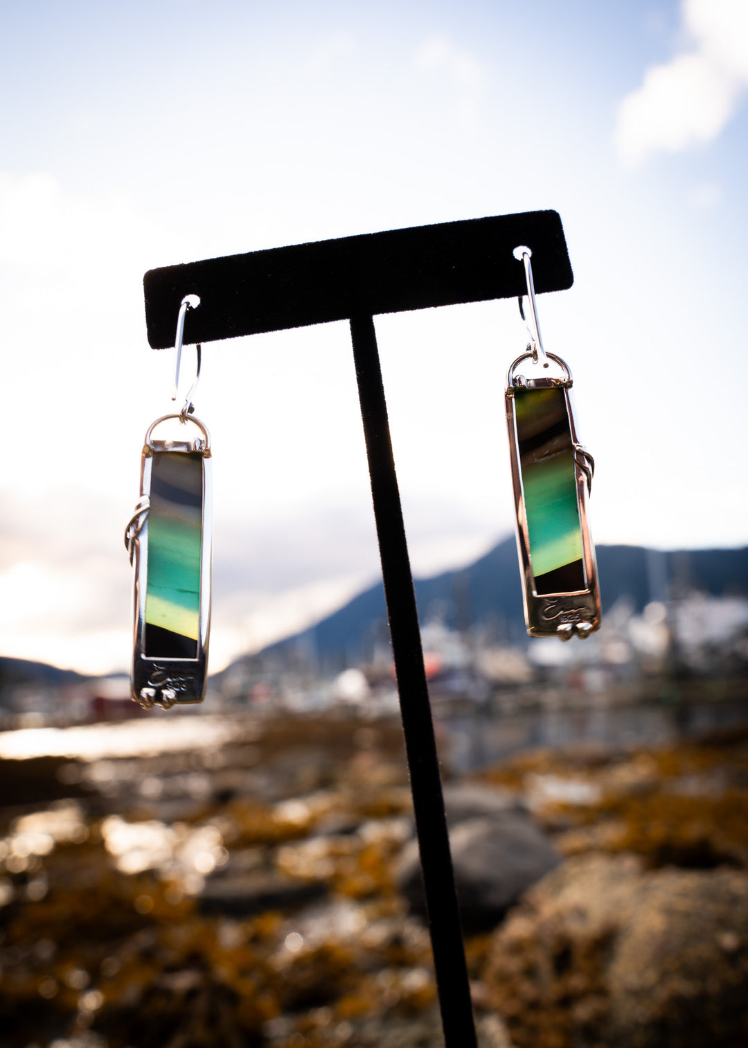 Opalwood Bar Earrings with Silver Leaf