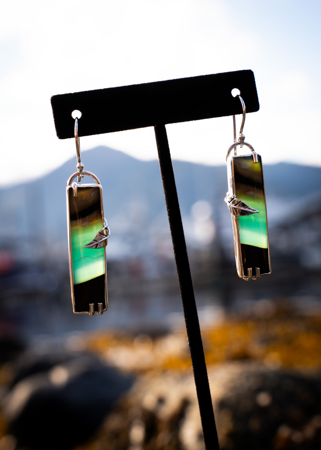 Opalwood Bar Earrings with Silver Leaf