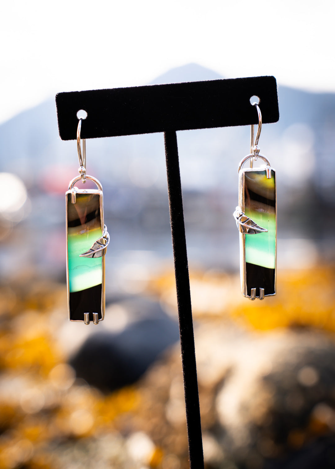 Opalwood Bar Earrings with Silver Leaf